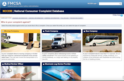 FMCSA National Consumer Complaint Database webpage with transportation complaint categories