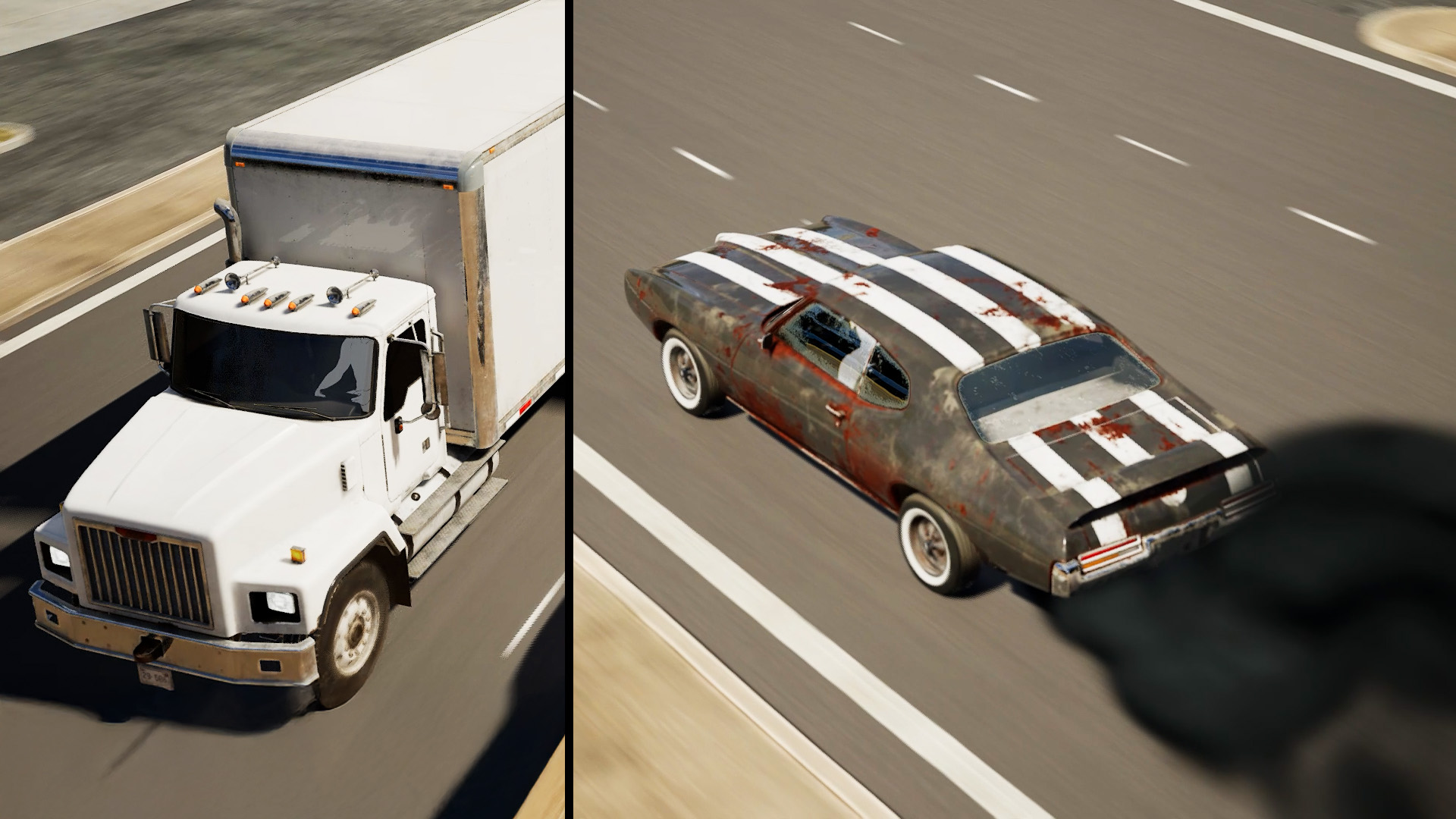 White truck and rusty vintage car driving side by side on highway