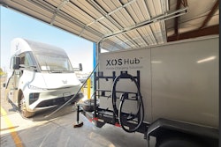 The Xos Hub delivers power to a Windrose electric truck through a mobile charging setup.