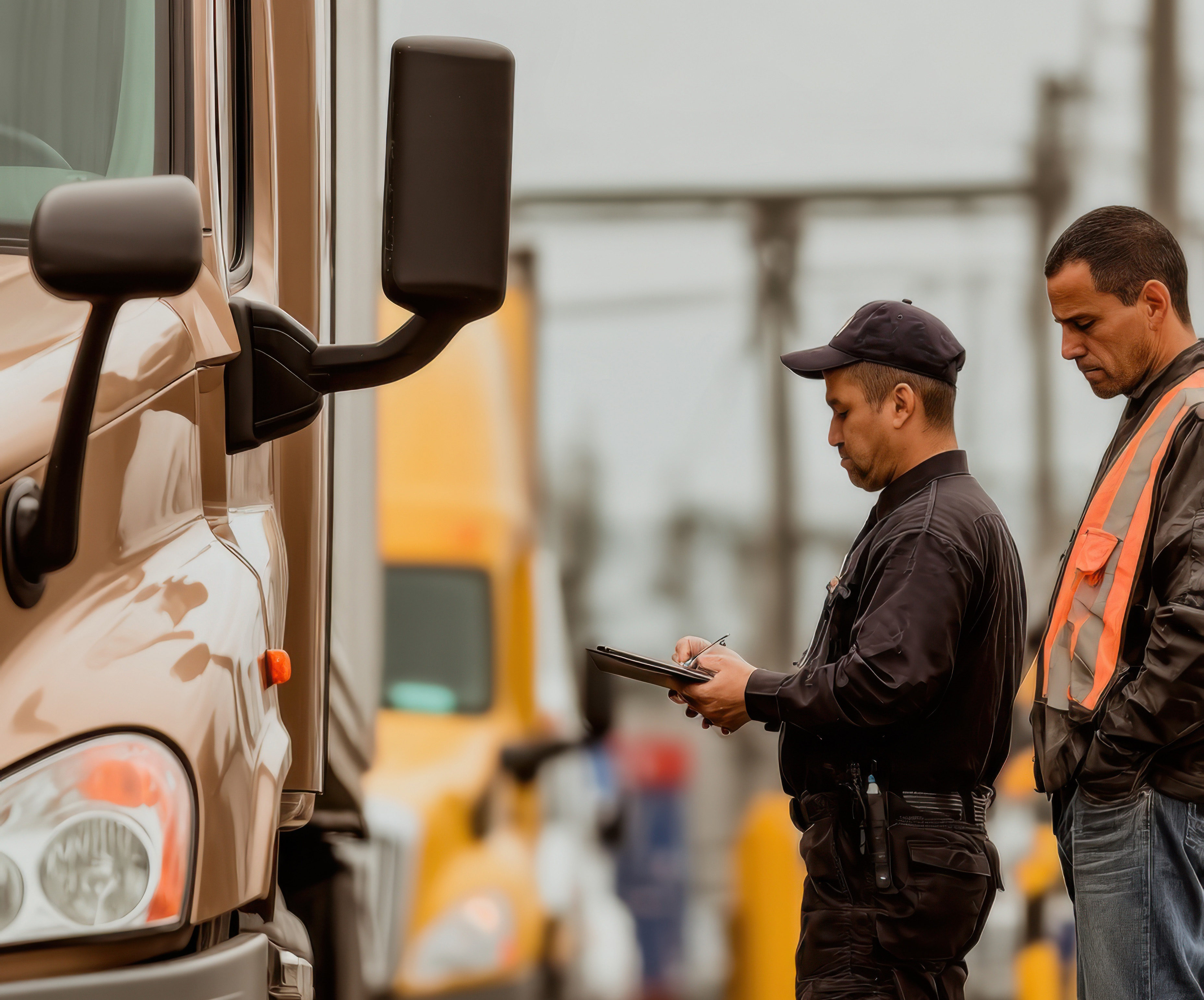 Transportation worker in safety vest checking truck documentation at vehicle inspection point