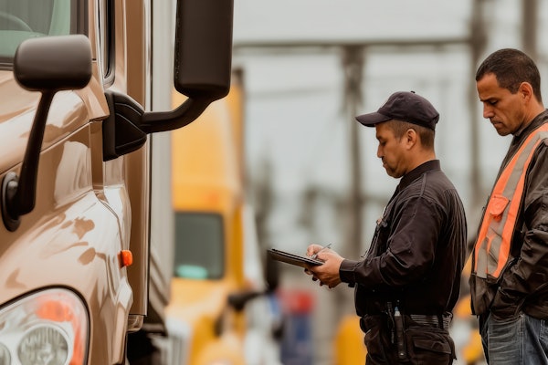 Transportation worker in safety vest checking truck documentation at vehicle inspection point