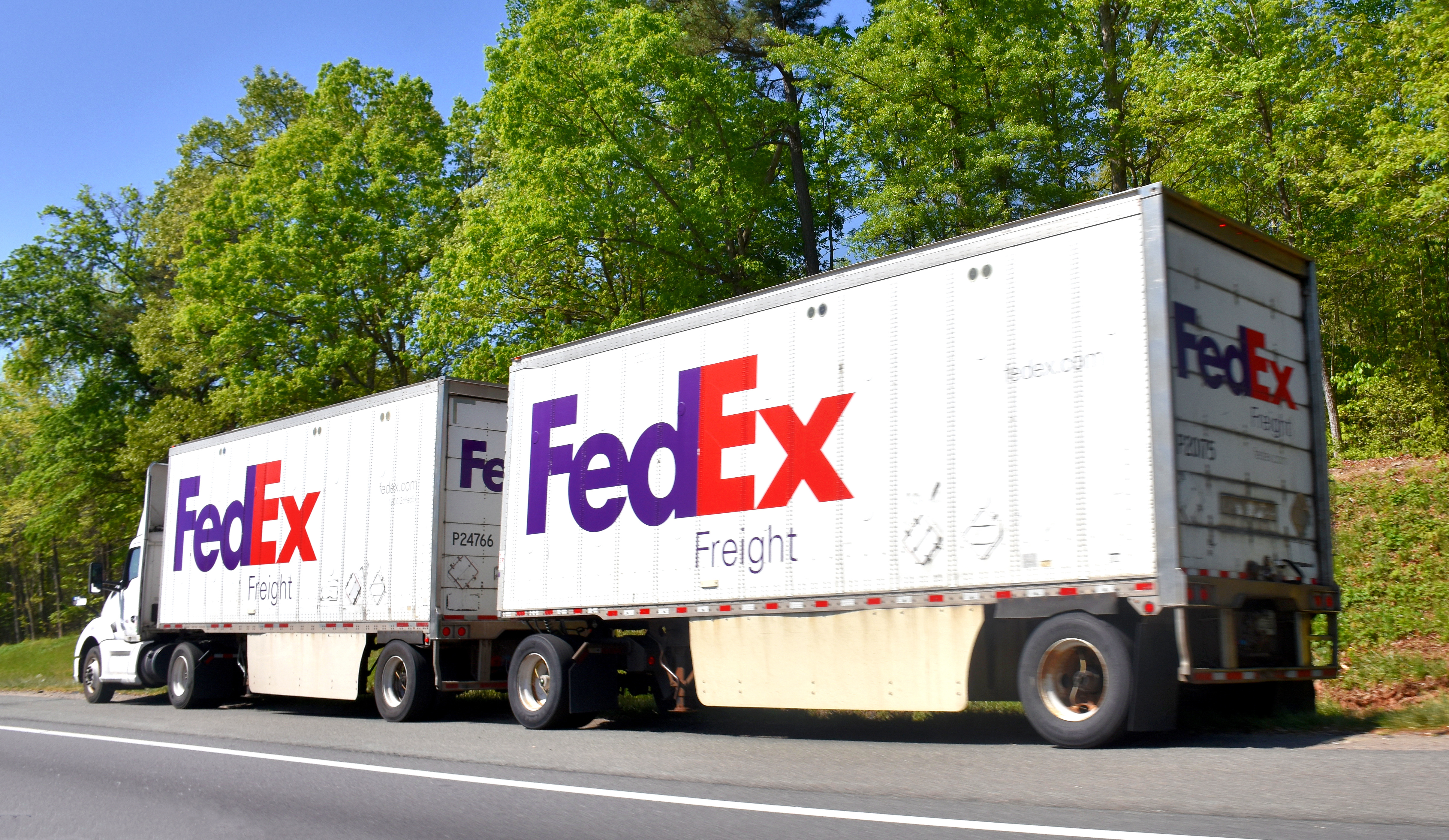 FedEx freight semi-trucks driving on a tree-lined highway
