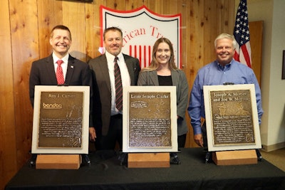 Accepting the Hall of Fame inductions on behalf of the inductees, from left to right, were Brian Douglas (Bridgestone); Greg Leupold and Sydney Higgs (Autocar Trucks); and Randy Oligmueller (Joe Morten & Son).