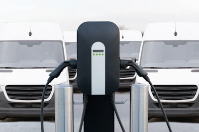 Electric vehicle charging station with two charging points and white vehicles