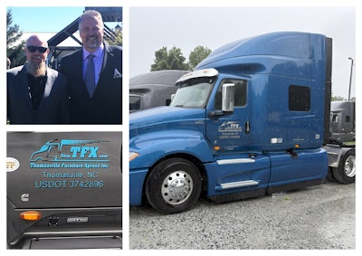 Scott Denmark (above, right) and Scott Cruthis, owners of 11-30-truck Small Fleet Champ Thomasville Furniture Xpress, specialize in the finished product in the fleet's name. The near-30-truck TFX gets it close to its final destination, whether a furniture store or warehouse, almost all of the work LTL. The pair of owners have known each other going back decades when both drove trucks as owner-operators. Denmark's been off the road for 25 years now, and was operations manager for close to 18 years at Shelba Johnson Trucking (since bought by another company) before founding TFX not long after the start of the COVID-19 pandemic. Both Denmark and Cruthis came to the business with name recognition among furniture shippers and stores, and after early gains with equipment purchased from another business, word of mouth built the customer base somewhat organically. Word traveled fast when TFX's speed of service became clear during the COVID capacity crunch. Growth's come quick, yet hasn't felt overwhelming to either owner as they've really taken to the partnership. Barely four years into its history, with Denmark's operational expertise and Cruthis' oversight in the shop, they're getting close to 30 units running, with 17 full-time employee drivers and eight other operators either leased or (in the case of two) with authority but dedicated to TFX's customers.