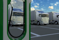 An example of battery-electric semis lined up at a charging station.