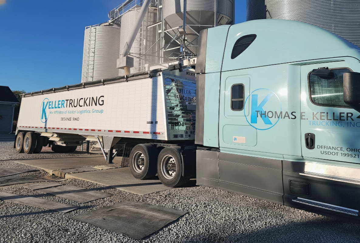 Blue and white semi-truck from Thomas E. Keller Trucking parked near industrial storage silos
