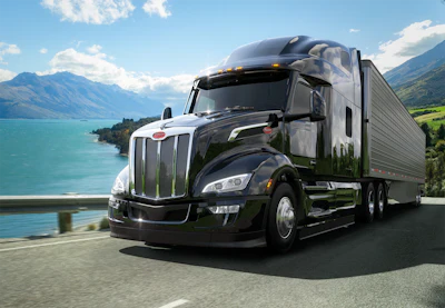 An example of a traditional diesel-powered Peterbilt Model 579 driving on a highway.