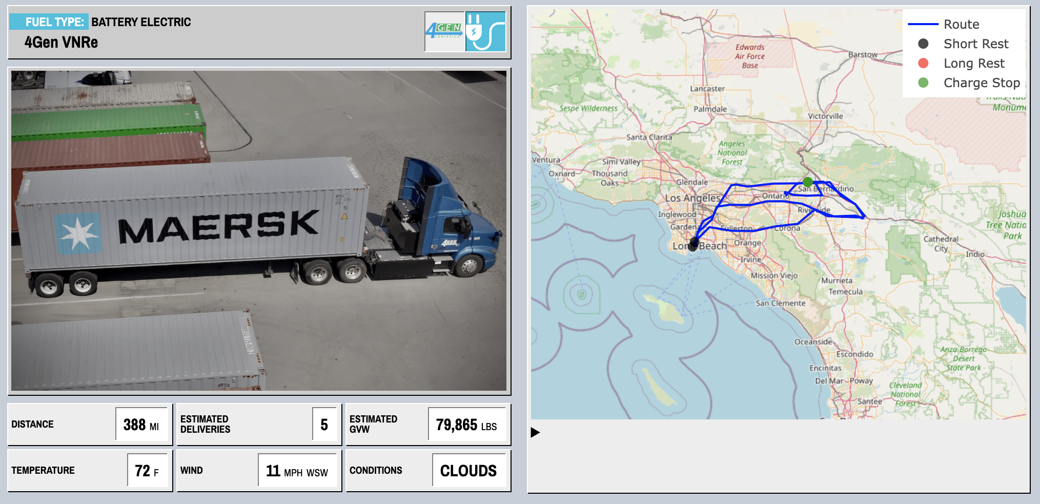 Blue Maersk semi-truck with shipping container on route tracking map