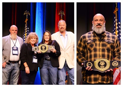 Pictured, from right: 3-10-trucks champ Wes Oberman of Oberman Logistics (his wife and business partner, Laura, couldn't be in attendance due to illness); Scott and Jana Denmark, and Billie Jo and Scott Cruthis of Thomasville Furniture Xpress out of Thomasville, North Carolina.