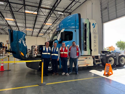 One of two Freightliner Cascadia's in Talke USA's fleet that's been retrofitted with a Symbio-developed fuel cell system and a hydrogen-electric powertrain.