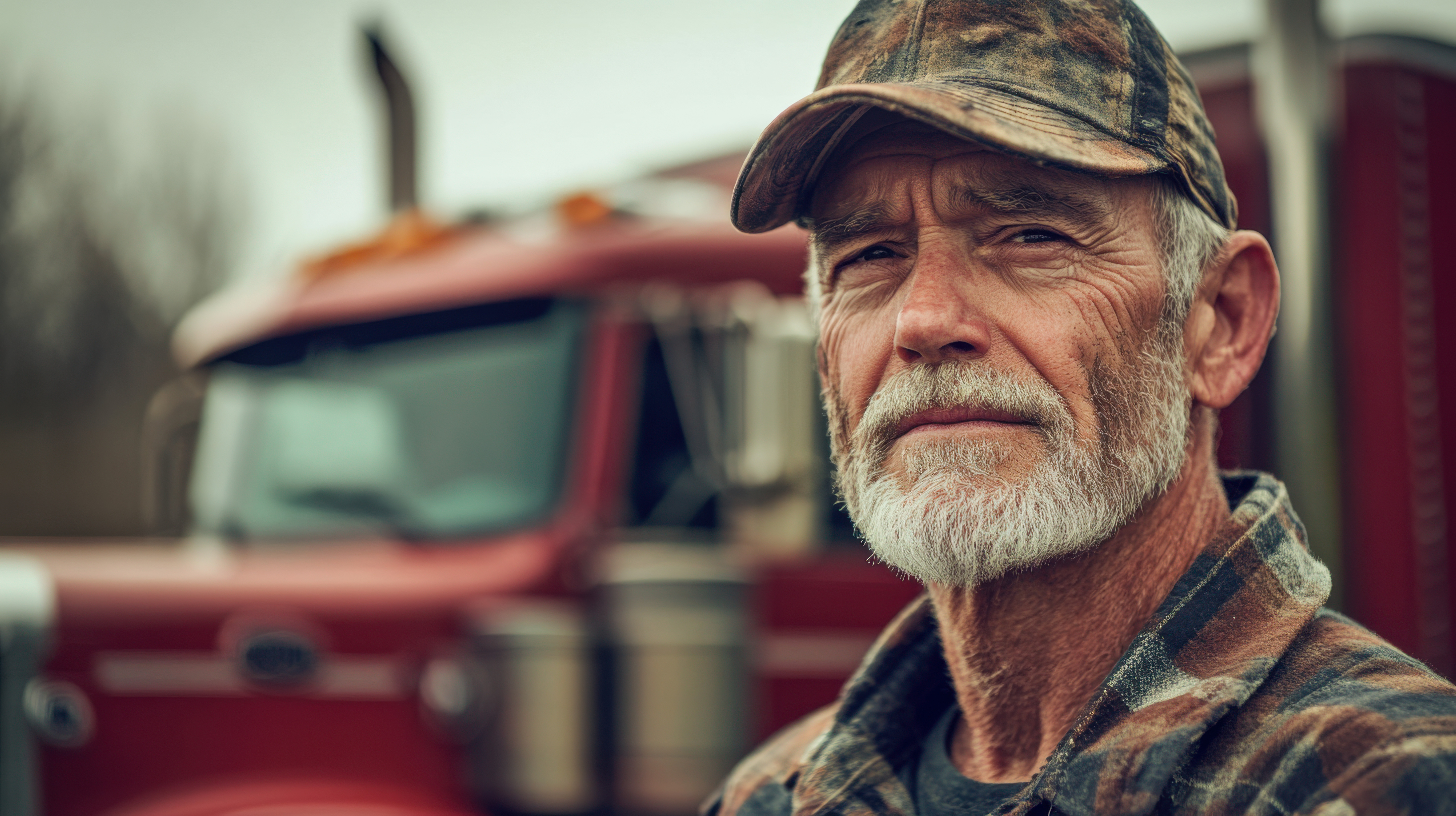 Weathered truck driver in camouflage cap with red truck in background