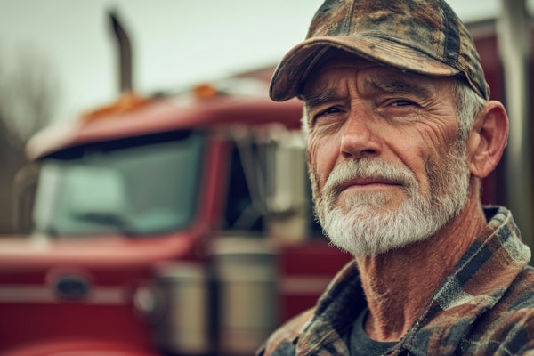 Weathered truck driver in camouflage cap with red truck in background