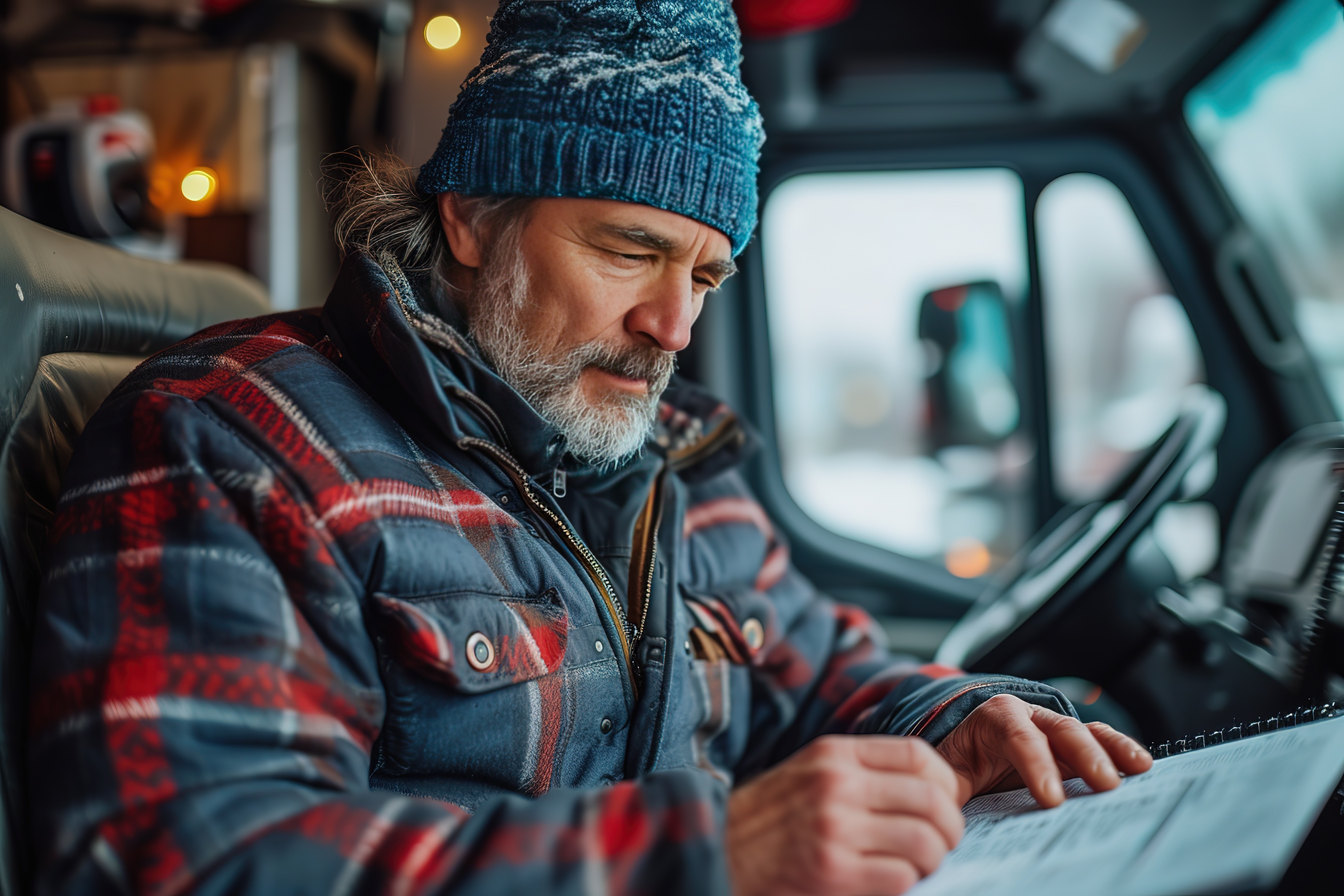 Truck driver in blue knit hat writing in notebook while seated in vehicle cab