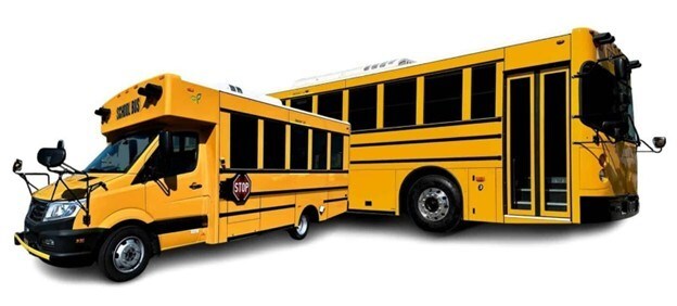 GreenPower's Class 4 Type A (left) and Class 8 Type D (right) school buses parked next to each other.