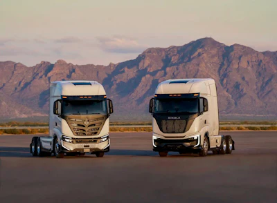 The Nikola Tre battery-electric (left) and the hydrogen fuel cell version (right) will get their connectivity restored next month with apps, real-time data, and cellular service after being offline for months as a result of the company's bankruptcy.