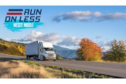 A white semi-truck on a scenic highway, representing the Run on Less - Messy Middle 2025 demonstration, which aims to improve the efficiency and reduce the environmental impact of mid-mile logistics.