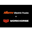 Motiv Electric Trucks and Workhorse corporate logos on black background