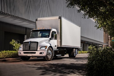 The Kenworth T480E (Class 8, 66-82K GCWR) is available as a truck or tractor with two or three-string battery options and eMotor ratings up to 350kW and 1,850 lb.-ft. of torque. The T480E offers up to 200 miles of range and is versatile for heavier pickup and delivery applications, drayage, utility, and select vocational applications.