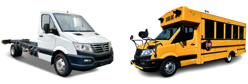 GreenPower's EV Star Cab Chassis (left) and Nano BEAST school bus.