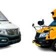 White truck chassis and yellow school bus side by side on white background