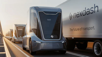 A rendering of a potential future autonomous EV semi with NexDash branding driving on the highway.
