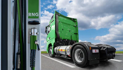 A renewable natural gas (RNG)-powered semi truck parked at a refueling station.