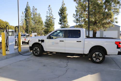 A Ford F-150 Lightning from the Helix Water District charges at the new BetterFleet-powered charging depot in El Cajon, California.