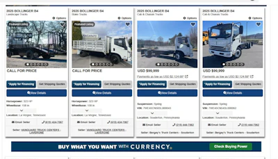 A screenshot showing four Bollinger Motors B4 battery-electric trucks listed at discounted prices.