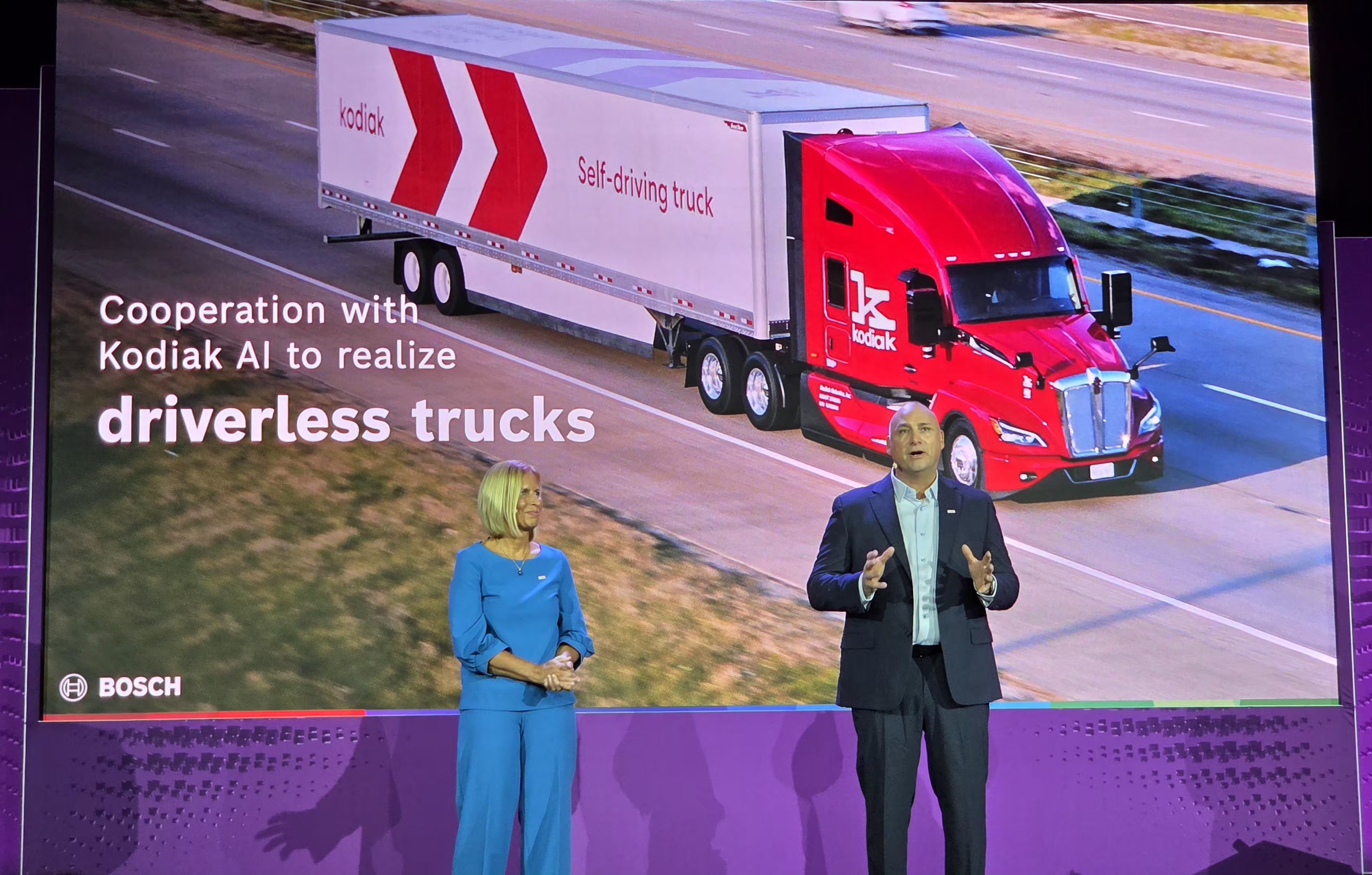 Bosch's Tanja R&uuml;ckert and Paul Thomas announce the details of a partnership to supply Kodiak with components for its autonomous truck platform.