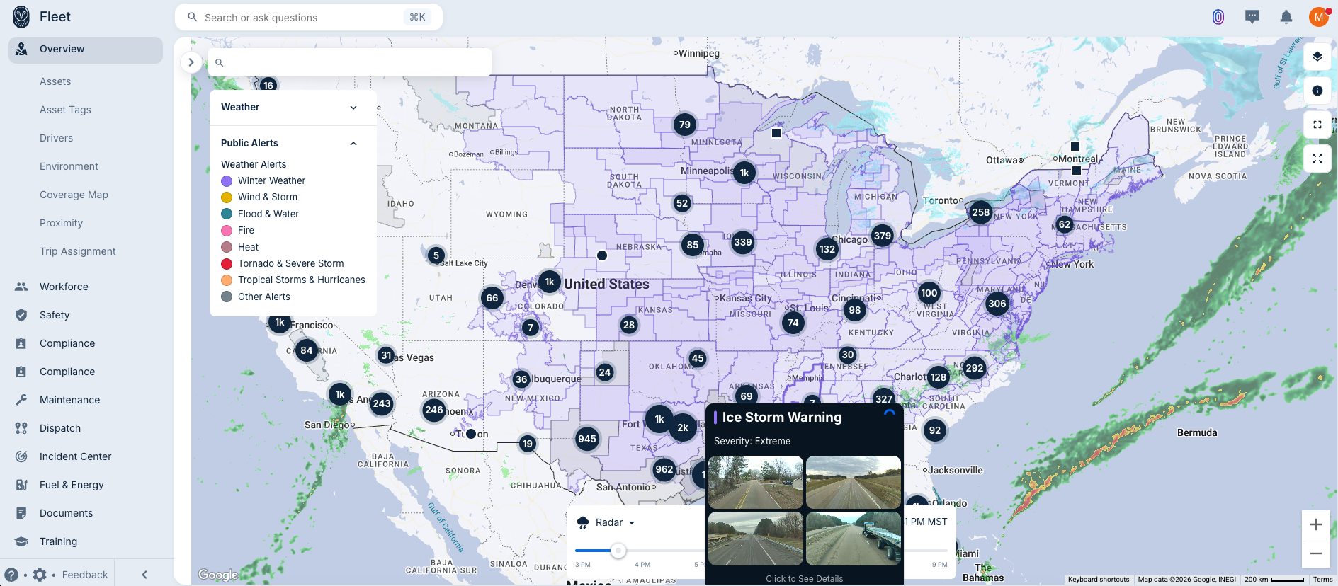 Samsara provides real-time weather overlays and ground-level images to help fleet managers prepare for the winter storm.