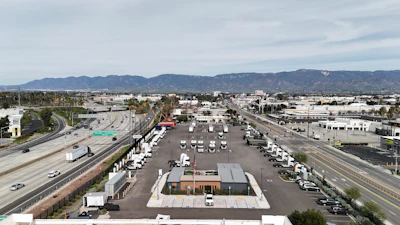 An aerial view of WattEV's newly expanded San Bernardino, California charging depot, which now has Megawatt charging.