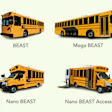 Four yellow school buses in different sizes labeled Beast, Mega Beast, Nano Beast, and Nano Beast Access