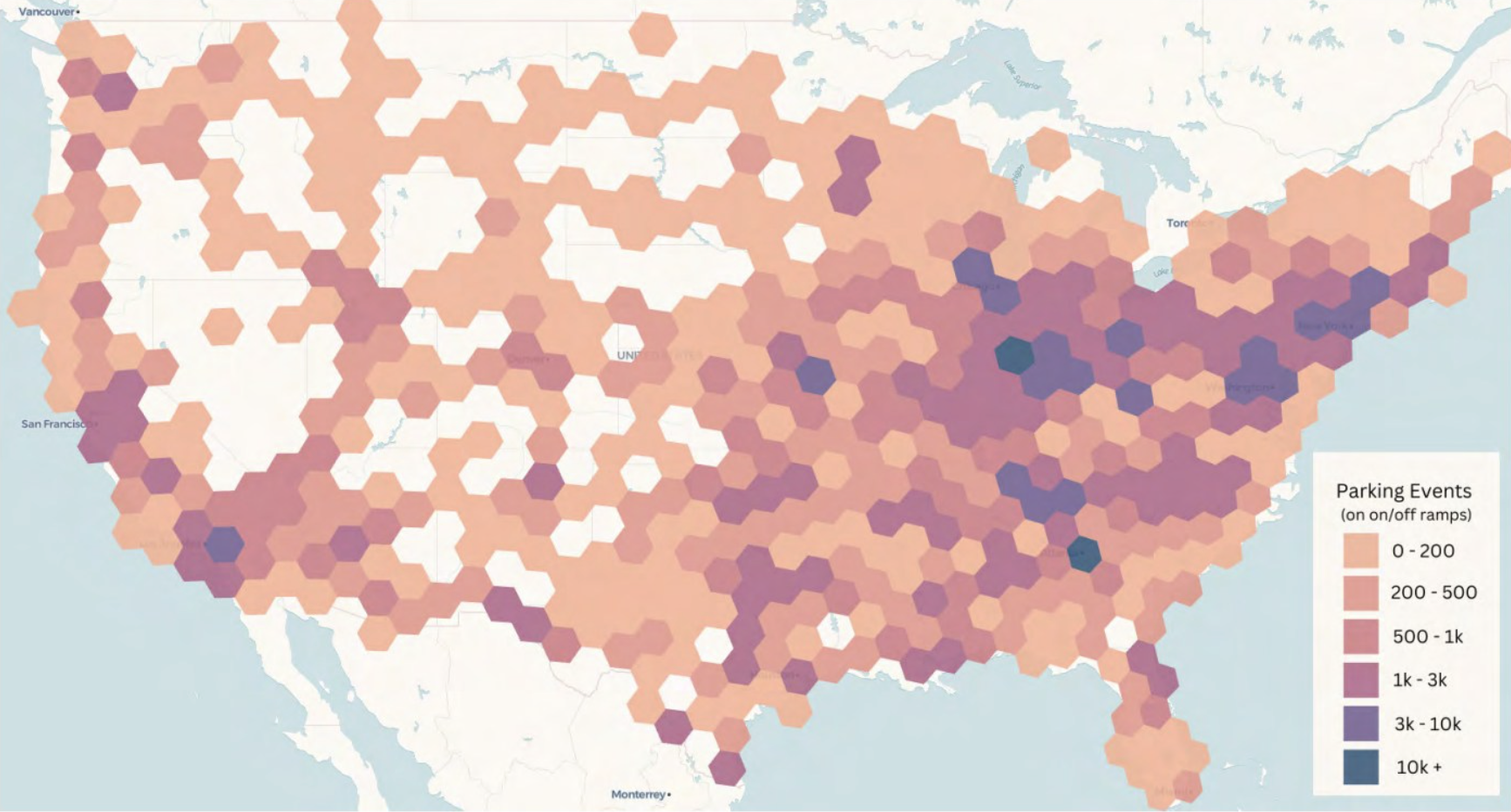 The Altitude by Geotab platform identifies hotspots of on- and off-ramp parking events among Class 8 vehicles across the U.S.