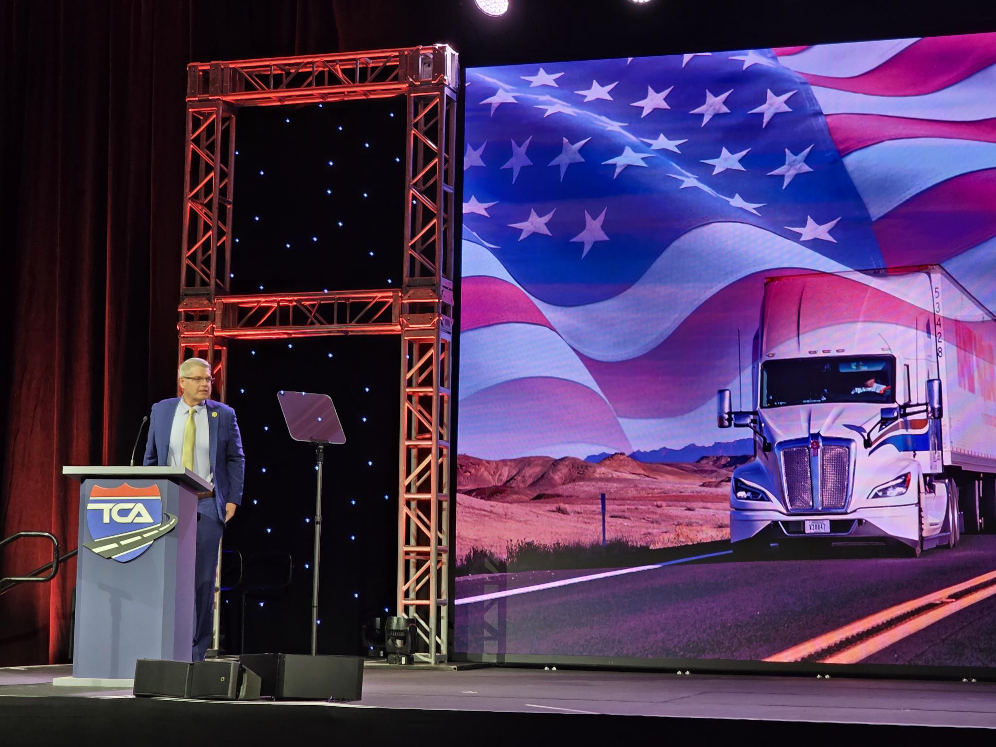FMCSA Administrator Derek Barrs speaks at TCA Truckload 2026.