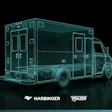 3D wireframe ambulance vehicle render in teal with Harbinger and Frazer brand logos