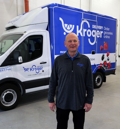 Kroger's home delivery vans tips the scale at under 10,000 pounds. The body is insulated with a refrigeration unit. Half of the body is refrigerated and half of it is ambient. The van is loaded from the back and drivers, as they make deliveries, will unload off to the side so they can access the refrigerated portion.
