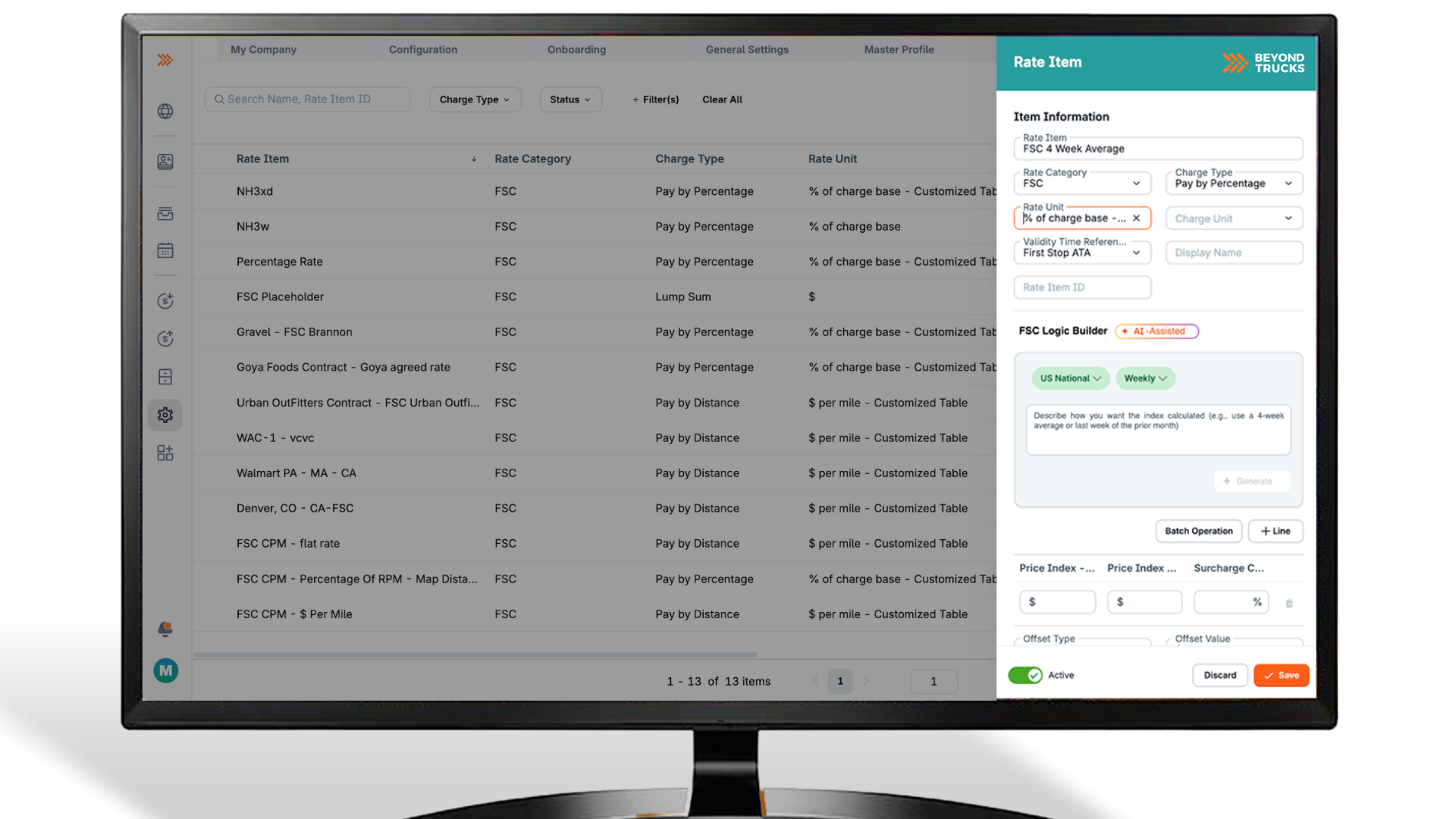 A natural language input window in the BeyondTrucks platform takes plain English requests and triggers the AI agent to generate working rate table code.