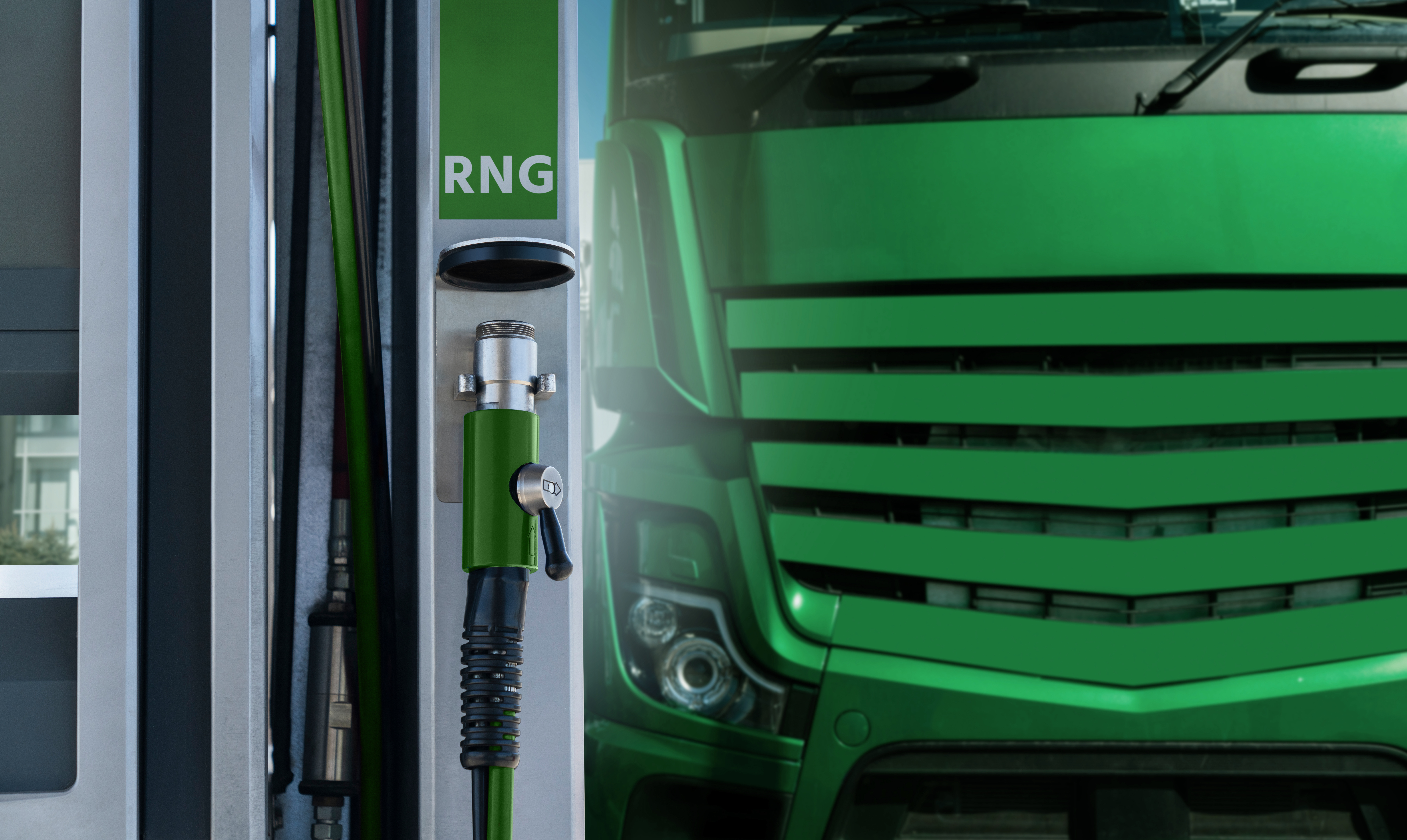 A rendering of an RNG-powered truck at a refueling station.
