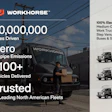 Workhorse electric delivery truck advertisement showcasing 20 million miles driven, zero emissions, and 1,100+ vehicles delivered to leading fleets