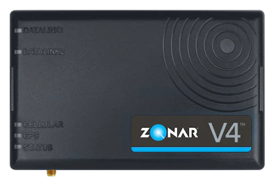 The Zonar V4 GPS tracking device featuring status indicators and cellular connectivity.