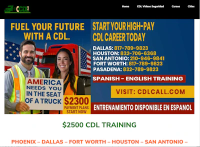 Websites for EP Texas Trucking School, Fast Track CDL, Trucker Certified, and Lindenwood Education System (Ancora) are in English text. CDLCALL.COM, shown here, features heavy use of Spanish.