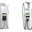 Two ChargePoint+ electric vehicle charging stations powered by Eaton with display screens and charging cables