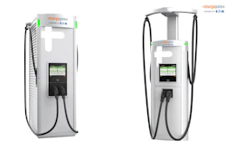 Two ChargePoint Express Solo EV charging stations powered by Eaton, featuring digital display screens and attached charging cables for electric vehicles.