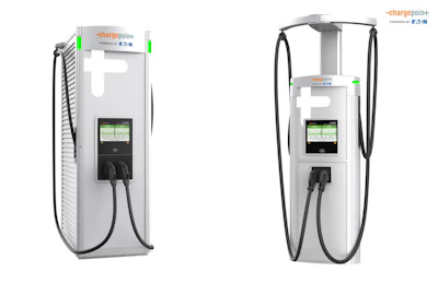Two ChargePoint Express Solo EV charging stations powered by Eaton, featuring digital display screens and attached charging cables for electric vehicles.