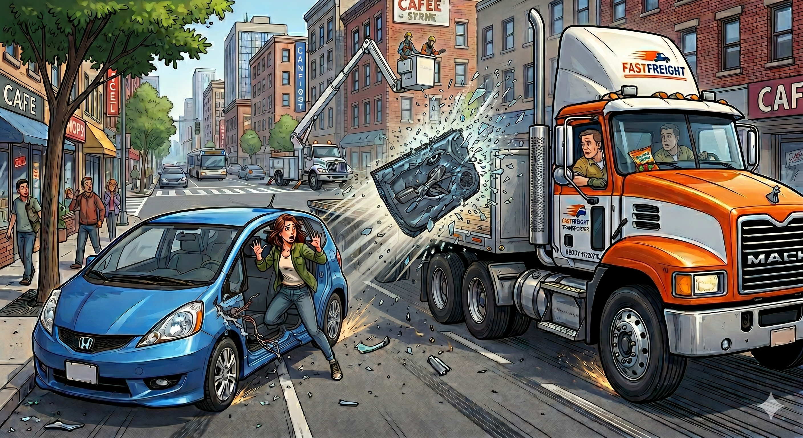 The driver of a passenger car opened her door on the street side just as a truck driver let up on the clutch and started to move.