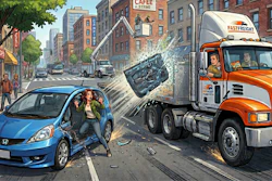 The driver of a passenger car opened her door on the street side just as a truck driver let up on the clutch and started to move.