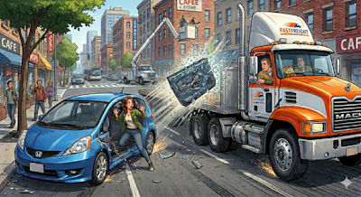 The driver of a passenger car opened her door on the street side just as a truck driver let up on the clutch and started to move.