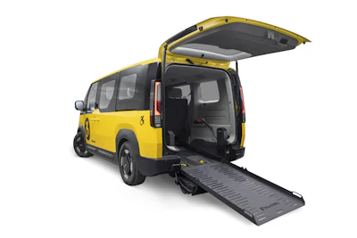 A rear three-quarter view of the PV5 WAV New York Taxi and Rideshare concept.