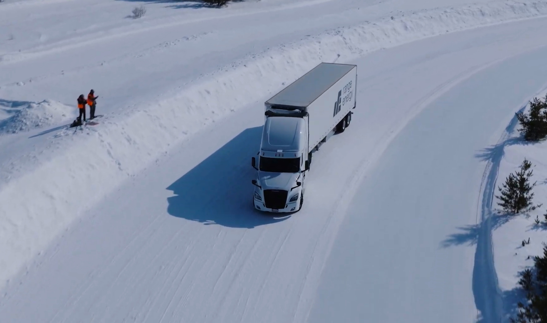 A screenshot of Range Energy's production-spec eTrailer undergoing winter testing on an icy and snow-covered road in Michigan's Upper Peninsula.